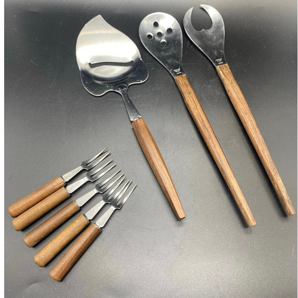 MCM Wood Handled Salad‎ set, cheese Slicer/Server,5 cocktail Forks Japan/Taiwan